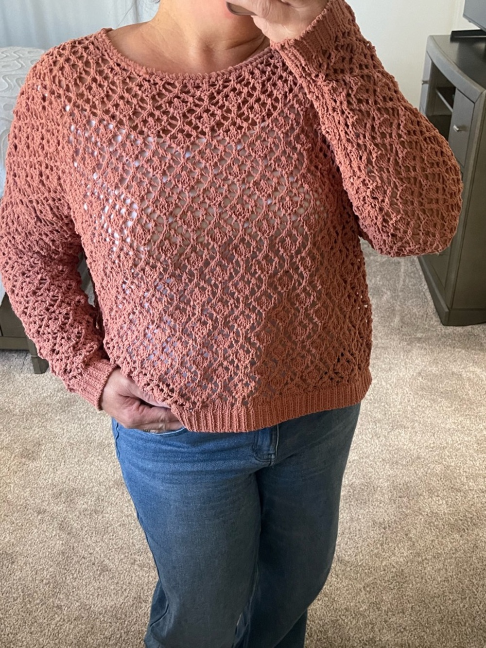 Nicole by Nicole Miller Terracotta Crew Neck Sweater with Textured Knit